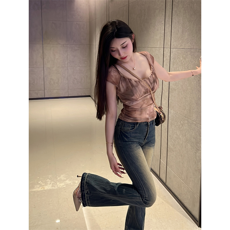 彈力舒適網紗印花修身基礎短袖T恤女