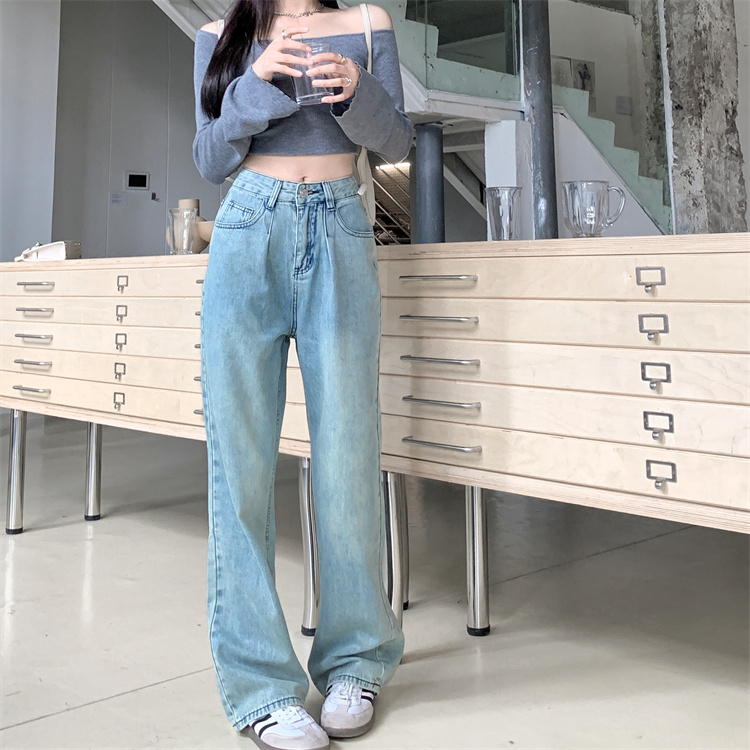 實拍 淺藍色寬鬆直筒褲褶皺設計感牛仔褲拖地褲女