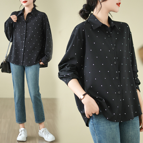 Actual shot of spring clothing plus size women's Korean chic Hepburn style lapel contrasting color polka dot loose versatile long-sleeved shirt