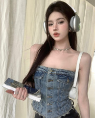 實拍 夏季牛仔抹胸上衣女無肩帶外穿性感辣妹胸衣緊身背心