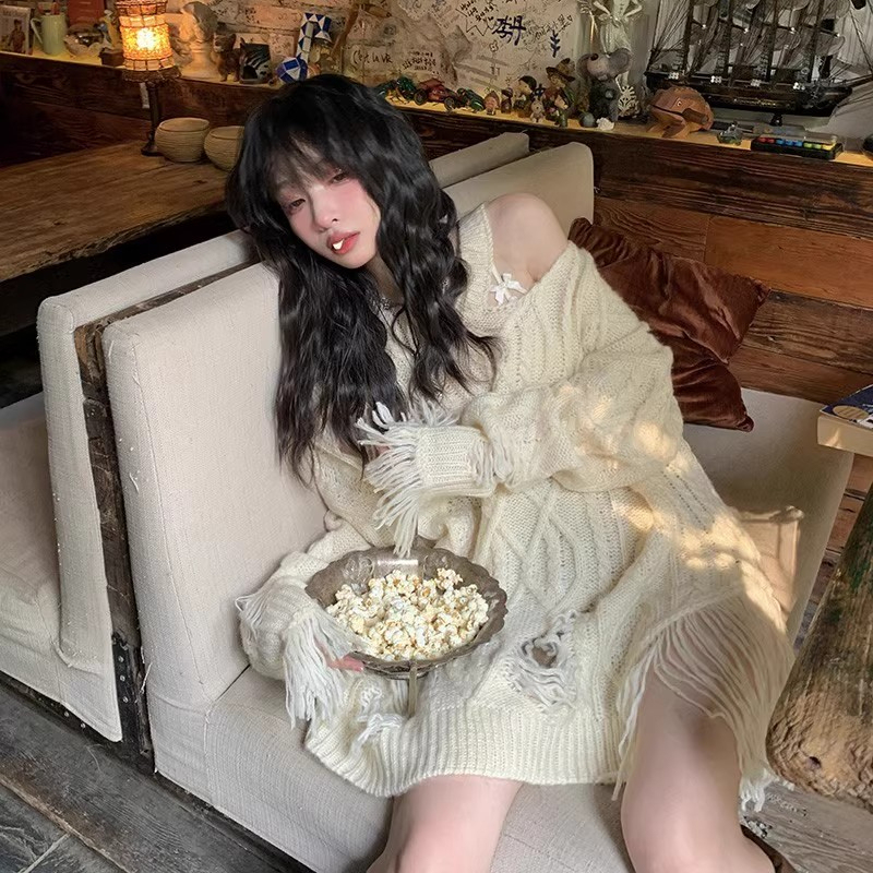 FunnJ方幾◆慵懶欲系乖妹設計感小眾破洞露肩毛衣女寬鬆針織上衣
