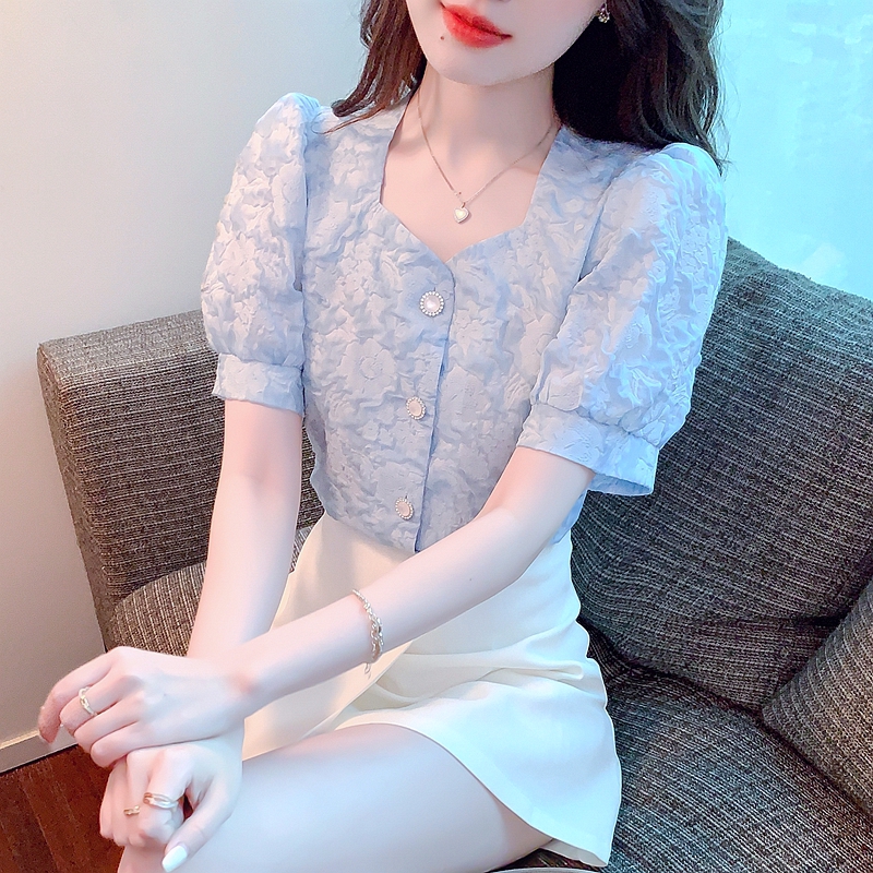 泡泡袖方領雪紡襯衫女裝夏裝2024年新款薄款開衫減齡短袖白色上衣