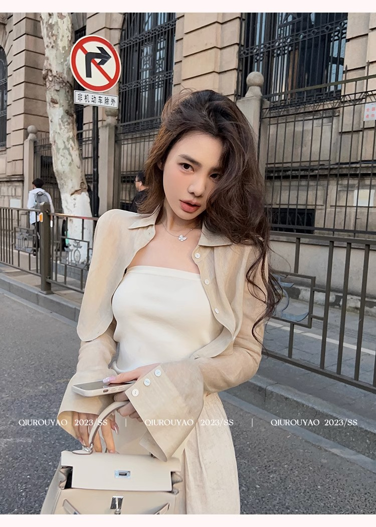 短款防曬衣女春夏季新款小個子寬鬆襯衫外套杏色薄款外搭開衫