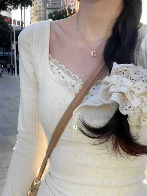 純欲bm風蕾絲假兩件打底衫女春款
