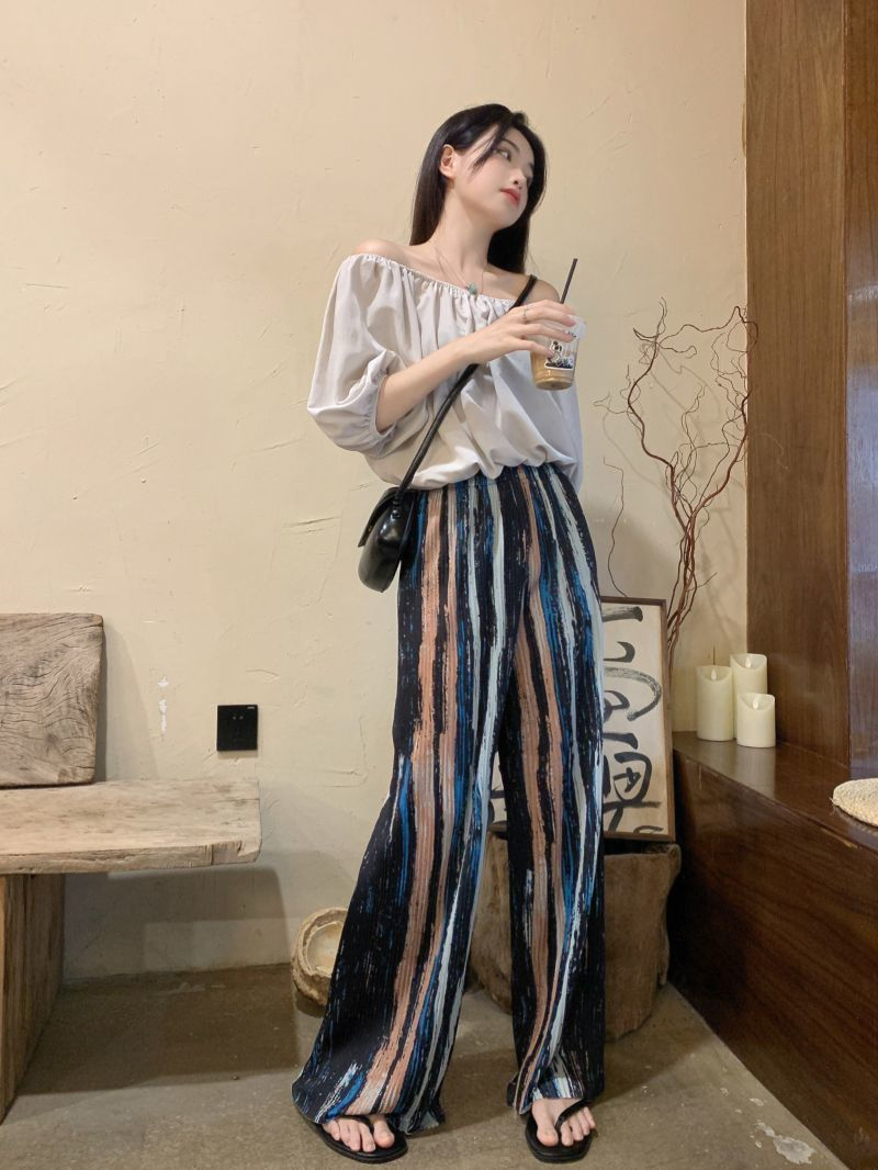 大碼女裝軋染條紋闊腿褲女壓褶風格新款設計感休閒褲復古風