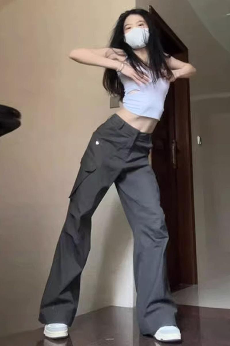 小個子美式灰色工裝褲女新款夏季薄款辣妹高街窄版直筒休閒褲