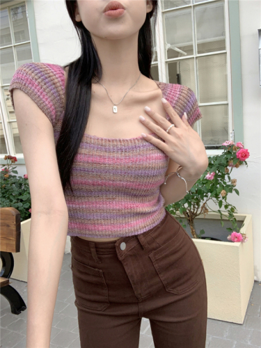 Real shot, right shoulder colorful striped knitted short-sleeved T-shirt for women, square neck, slim fit, sweet girl short top
