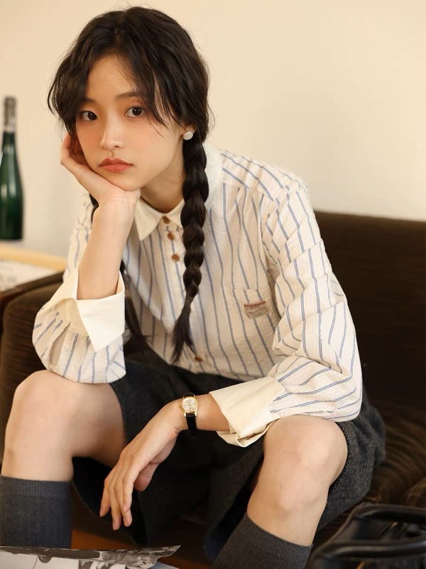 文藝復古條紋襯衫女年秋季新款設計感小眾肌理感撞色打底上衣