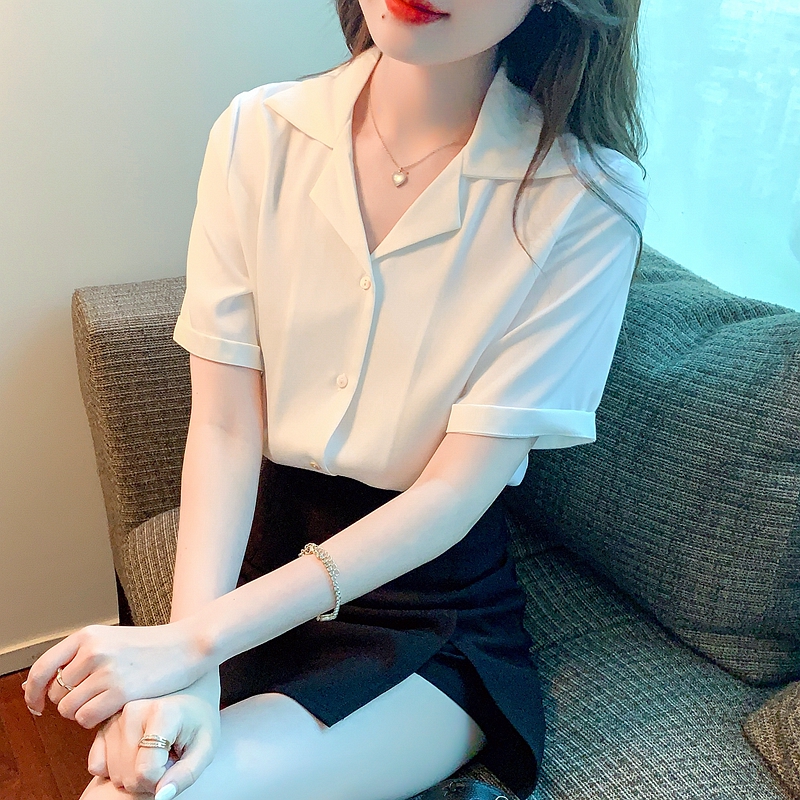 2024白色西裝領緞面襯衫女短袖垂感復古上衣港風日系寬鬆百搭