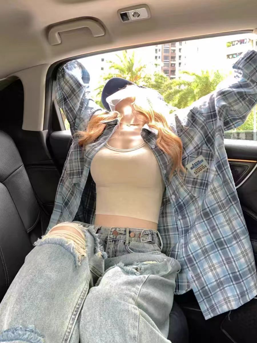 美式復古藍色薄款格子襯衫女春秋設計感小眾寬鬆慵懶防曬開衫外套