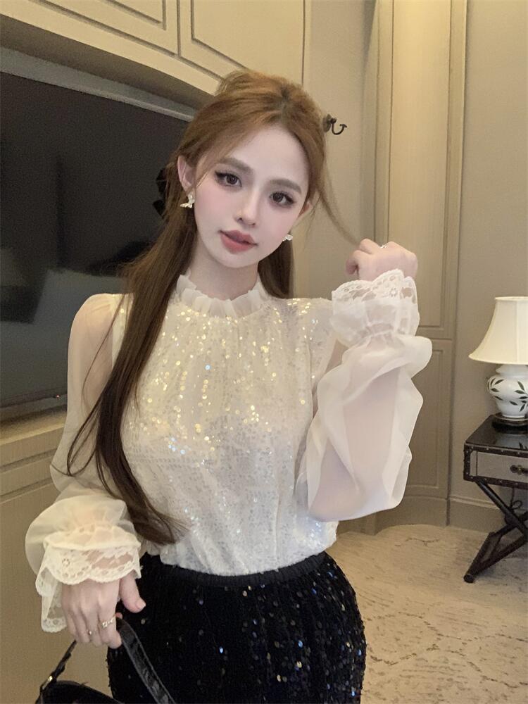 實拍2024新款春裝亮片拼接長袖新中式國風襯衫女名族風上衣春新品