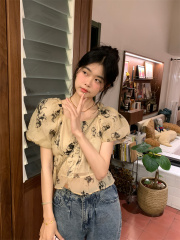 實拍  復古水墨花卡其雪紡泡泡袖上衣