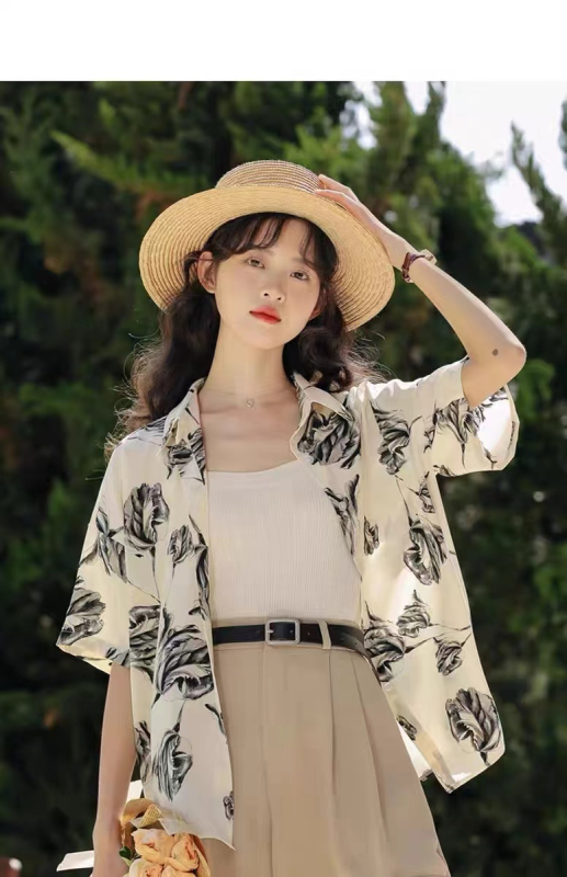 復古港風寬鬆休閒短袖花襯衫女夏季新款設計感小眾氣質上衣襯衣潮