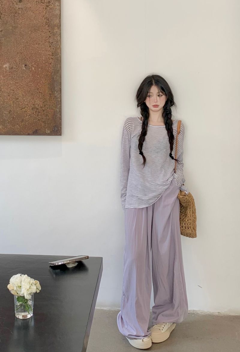 Real shot striped discreet T-shirt design long-sleeved sun protection top + Yamamoto pants high-waisted wide-leg pants for women