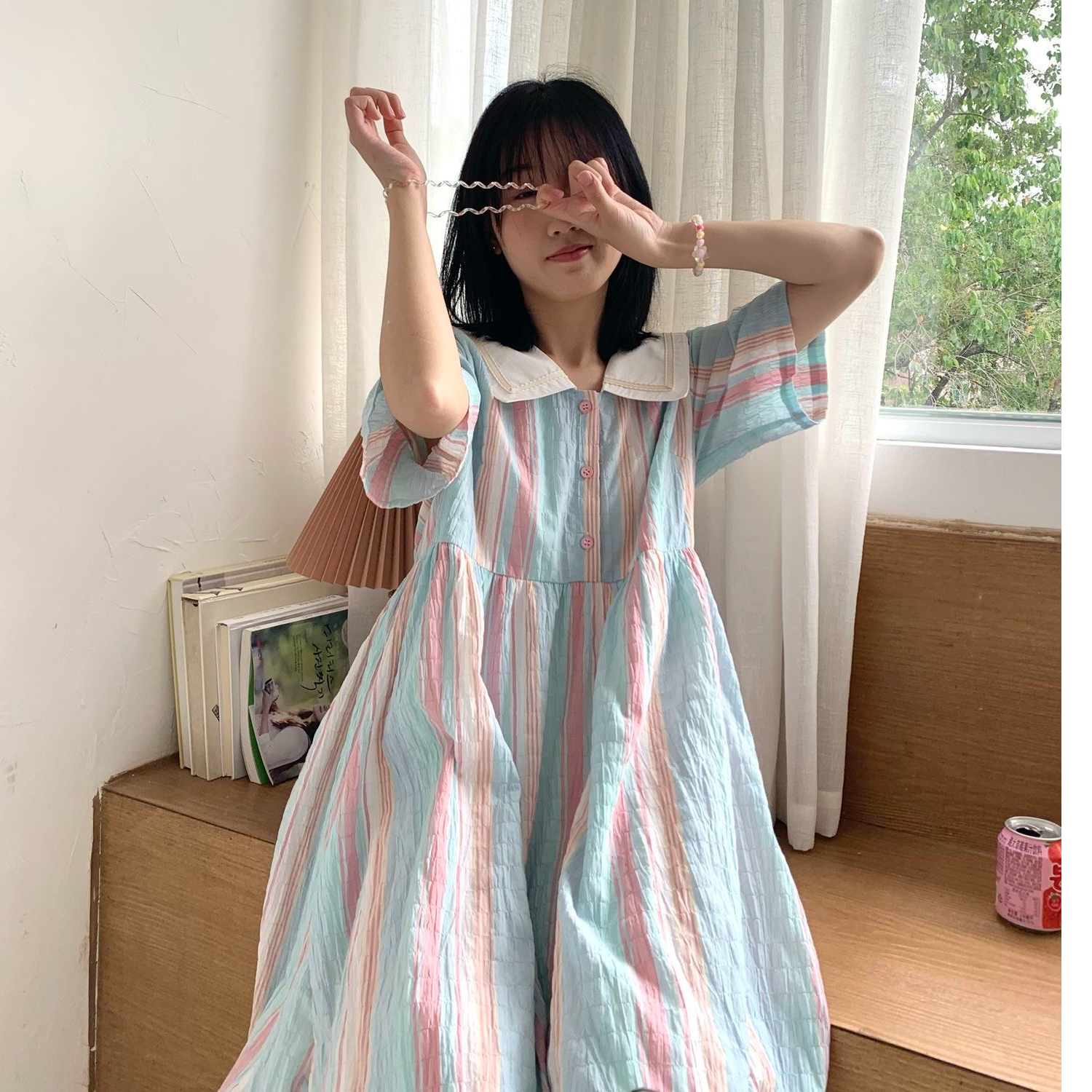 夏日女孩彩色條紋海軍領拼接連衣裙女小清新學院風裙子可愛少女感