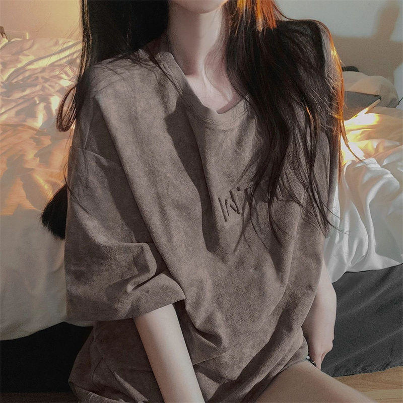 麂皮絨12氨綸原版布料後包領240斤大碼凹凸短袖t恤女