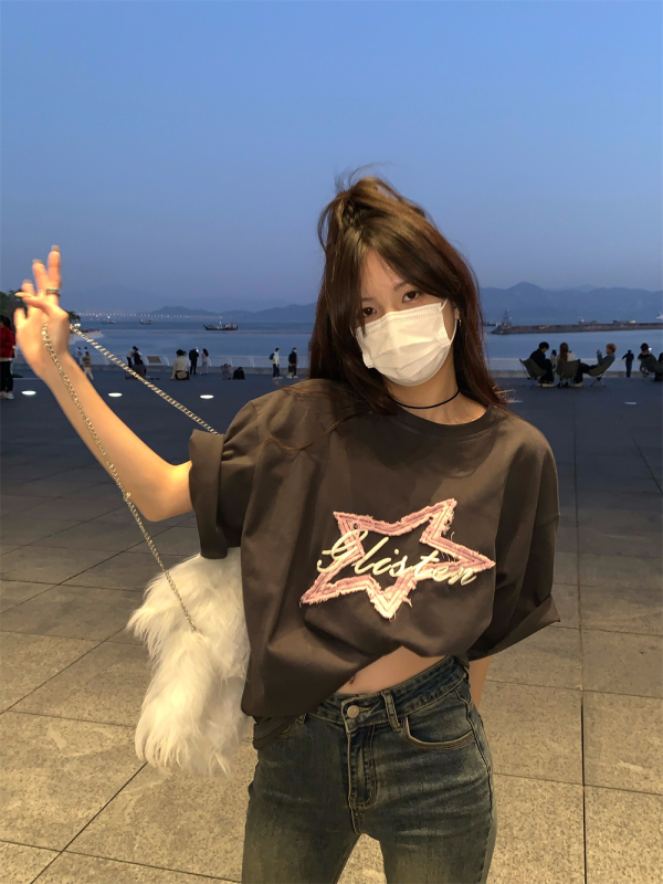 純棉200克質量240斤大碼刺繡毛邊星星tT恤女