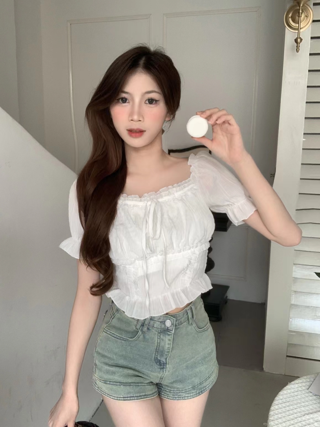 小清新方領木耳邊短袖套頭襯衫女超仙純色修身辣妹上衣一字肩小衫