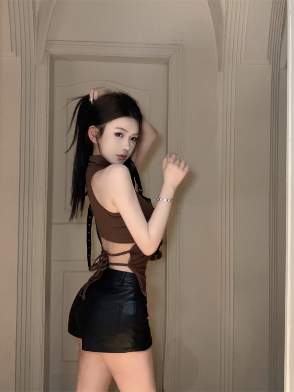 實拍 純欲辣妹高領挖肩帶胸墊內搭性感露背綁帶吊帶背心上衣