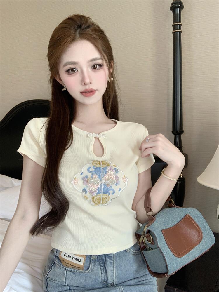 實拍國風復古繡花盤扣短袖t恤女夏季新款設計感修身打底短款上衣