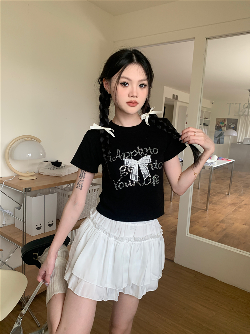 實拍 少女燙鑽字母蕾絲蝴蝶結短袖短款T恤