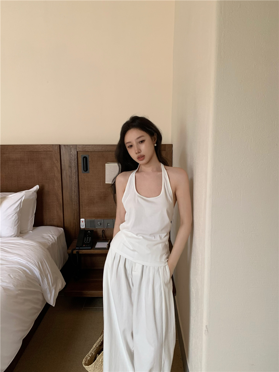 實拍 辣妹性感露背掛脖背心女修身顯瘦內搭短款無袖上衣 長褲套裝
