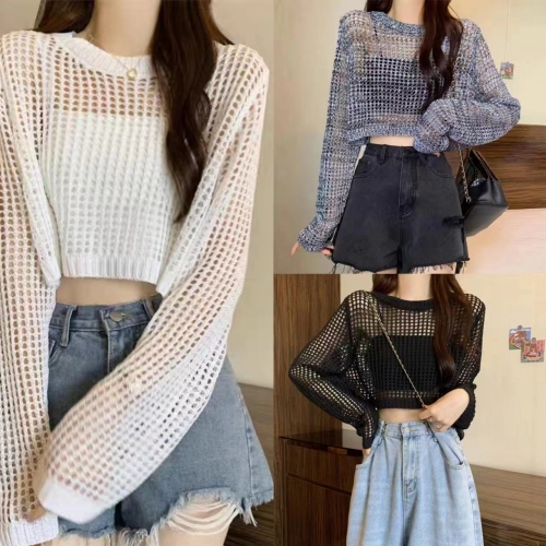 Korean new style loose short hollow sun protection sweater women's spring thin sun protection blouse