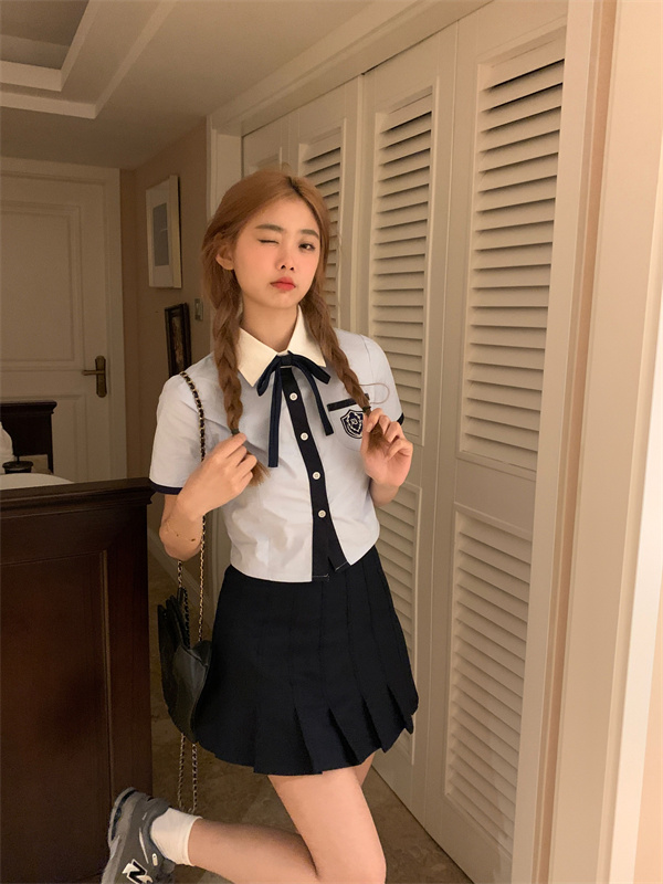 實拍  韓系新款制服學院風套裝藍色短袖襯衫乖巧學妹兩件套女