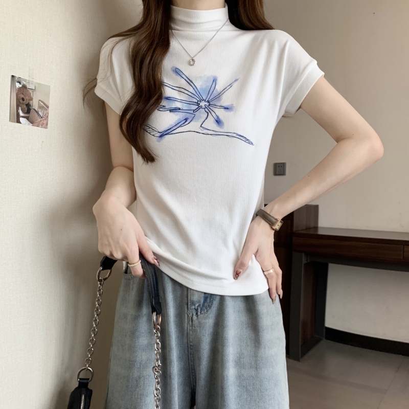 實拍  40支純棉 2024夏裝 印花半高領打底女短袖T恤