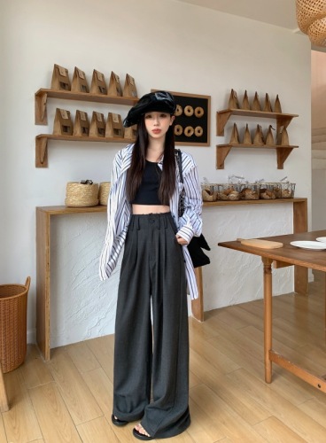 High-quality spring and summer thin hemp gray waistless hem design casual trousers with drapey straight wide-leg pants for women