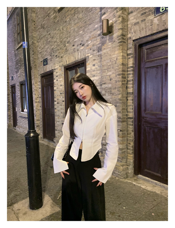 雙頭拉鏈襯衫女設計感獨特襯衣內搭別致漂亮短款上衣