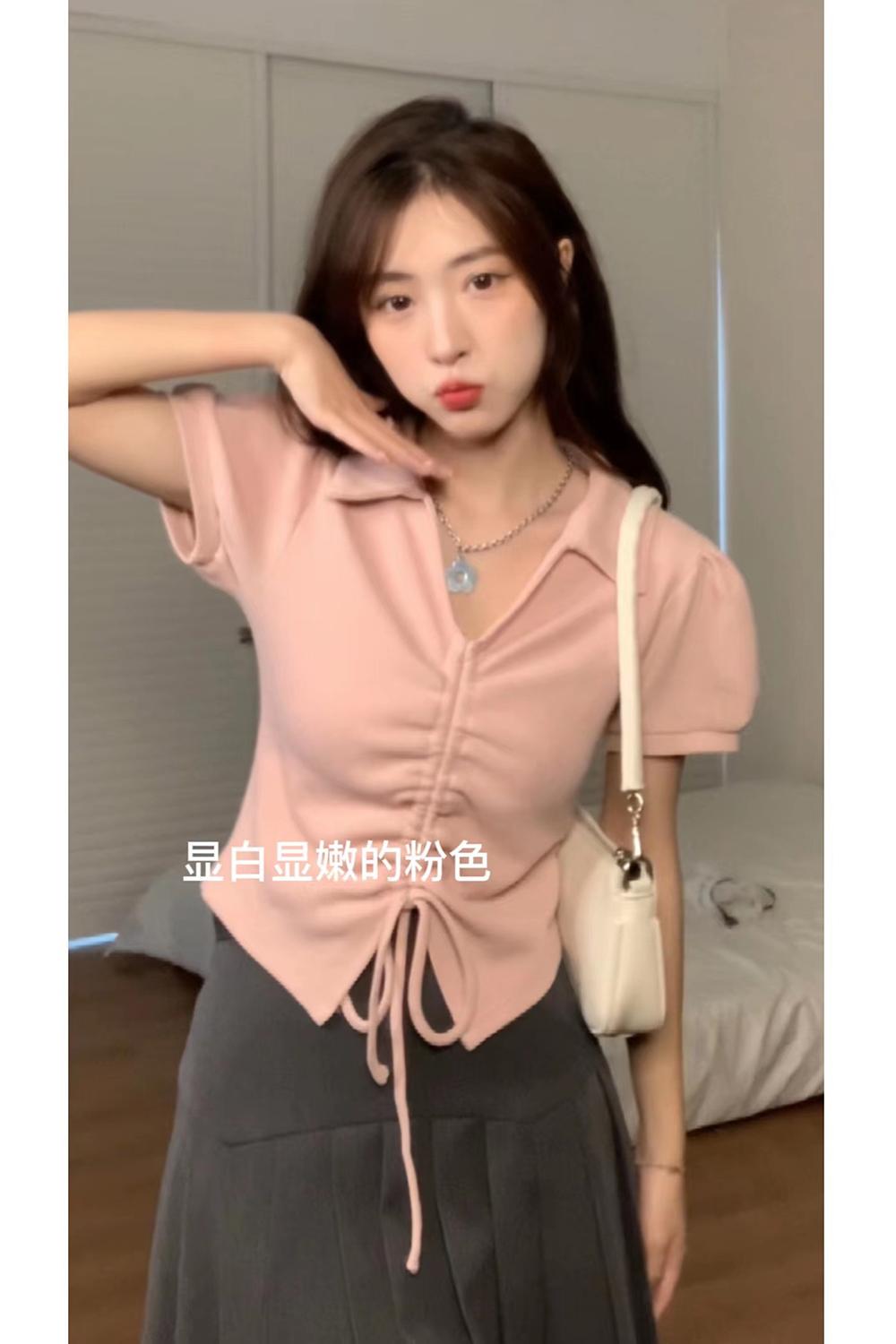 kumayes楓糖奶油/抽繩設計V領高腰露臍T恤女復古泡泡袖Polo領短袖