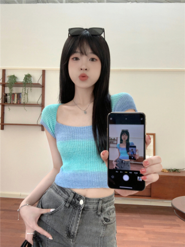 Real shot, right shoulder colorful striped knitted short-sleeved T-shirt for women, square neck, slim fit, sweet girl short top