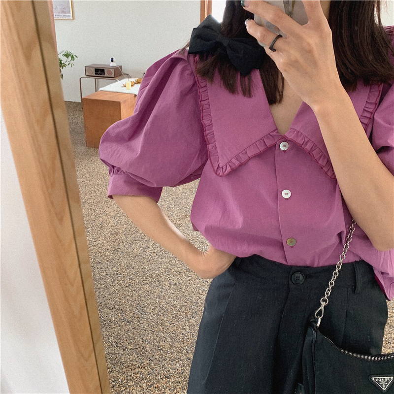 泡泡袖上衣女夏季法式減齡娃娃領甜美襯衣設計感花邊翻領短袖襯衫
