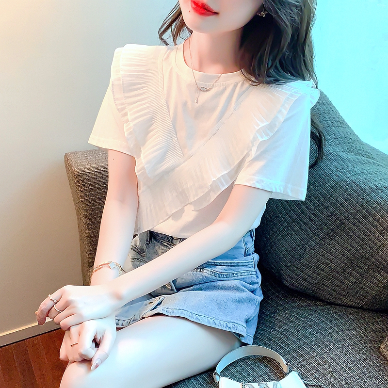 心機t恤女夏短袖設計感寬鬆遮肉上衣ins超仙洋氣荷葉邊雪紡打底衫