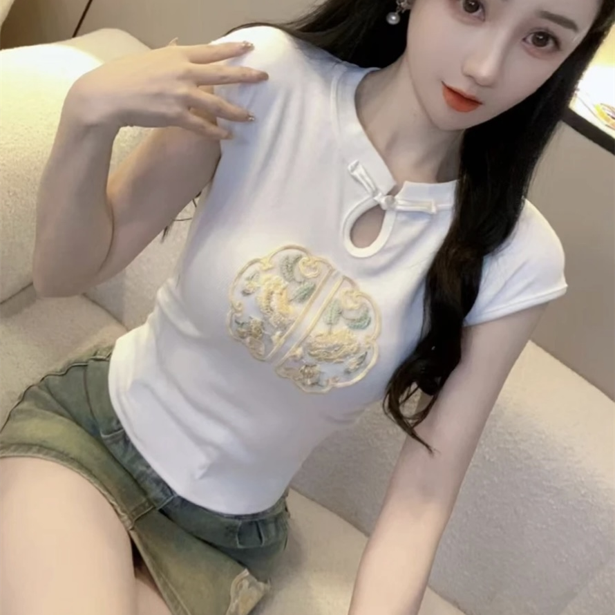 新中式國風盤扣短袖T恤女2024夏季高端刺繡設計感顯瘦修身短上衣
