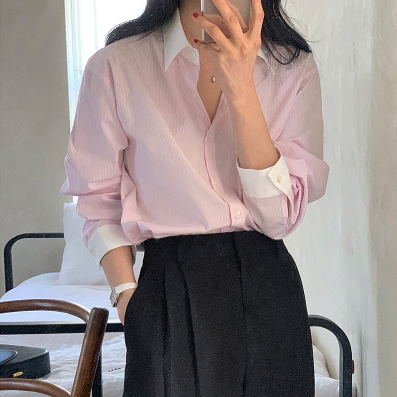 韓國chic春季小眾氣質撞色翻領寬鬆休閒百搭長袖條紋襯衫上衣女