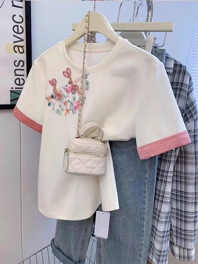 刺繡21支超爽棉210克240斤特大碼中式盤扣重工撞色T恤