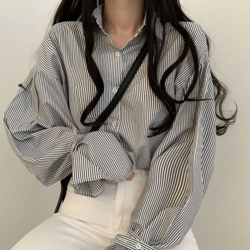 Spring new Korean style college style design loose and versatile niche lantern sleeve striped shirt tops for women