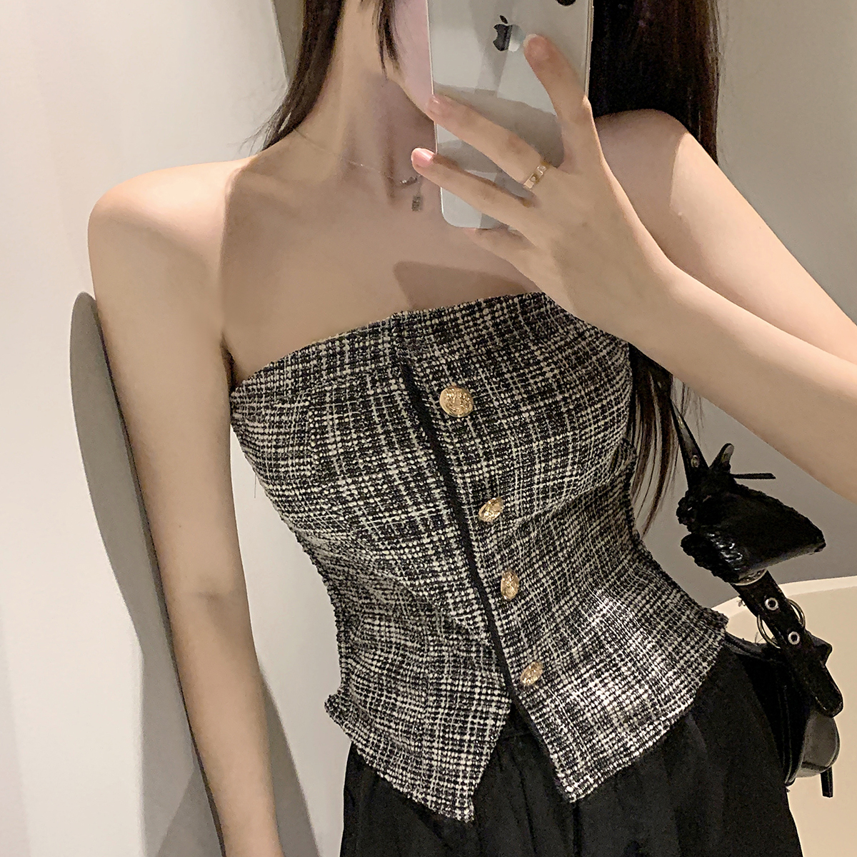 實拍新款小香風氣質抹胸背心修身顯瘦時尚洋氣百搭上衣女