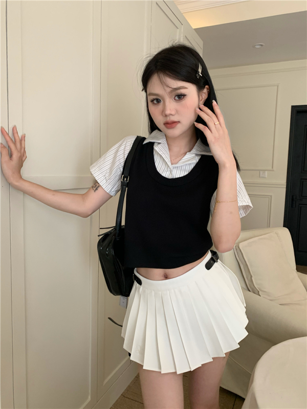 Actual shot of college style vertical striped fake two-piece knitted top