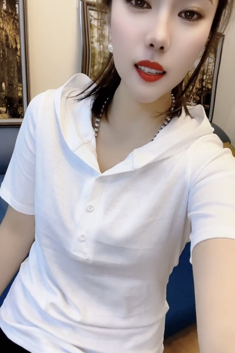 歐貨連帽短袖女T恤2024夏季新款寬鬆韓版百搭紐扣套頭打底上衣潮