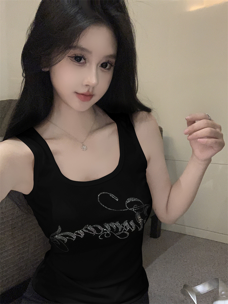 實拍復古性感辣妹閃鑽緊身顯瘦百搭休閒外穿背心上衣女
