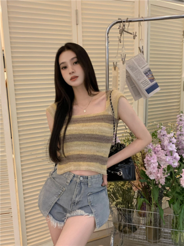 Real shot of striped knitted sweater short-sleeved women's summer new square neck hottie strap slim fit navel-baring short top