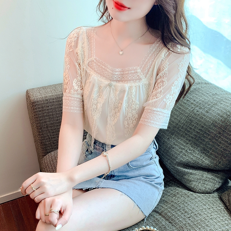 夏季蕾絲衫女方領半袖遮肚子娃娃衫上衣2024新款時尚洋氣時髦小衫