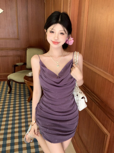 实拍 紫色咖啡色撒银工艺性感网纱修身连衣裙显瘦百搭吊带裙
