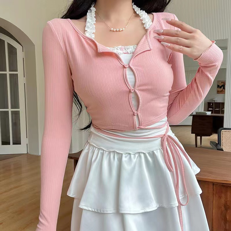 芭蕾少女顯瘦百搭短裙春夏秋開衫+純欲掛脖開衫兩件套溫柔甜辣