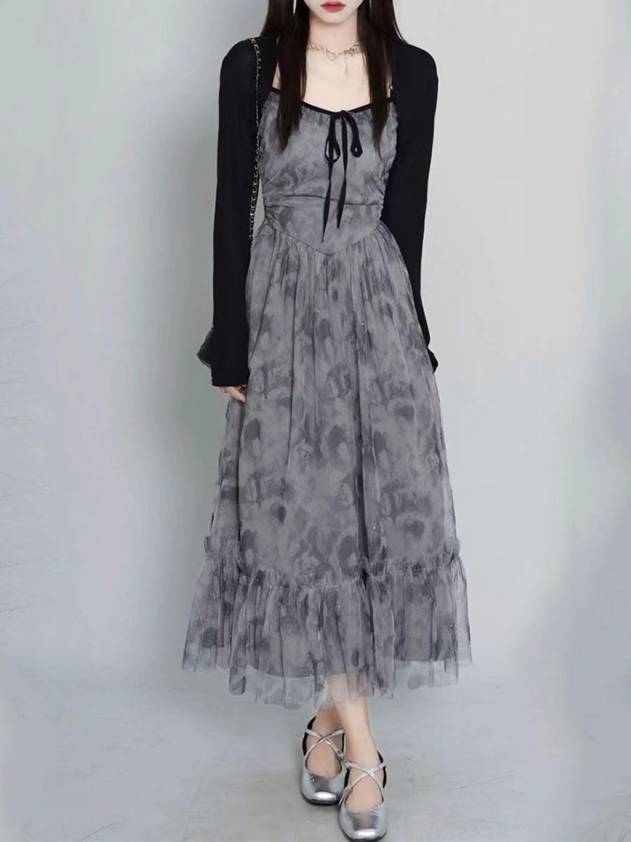 黑灰色花邊細閃網紗裙夏季超仙設計感吊帶裙開衫夏新款女
