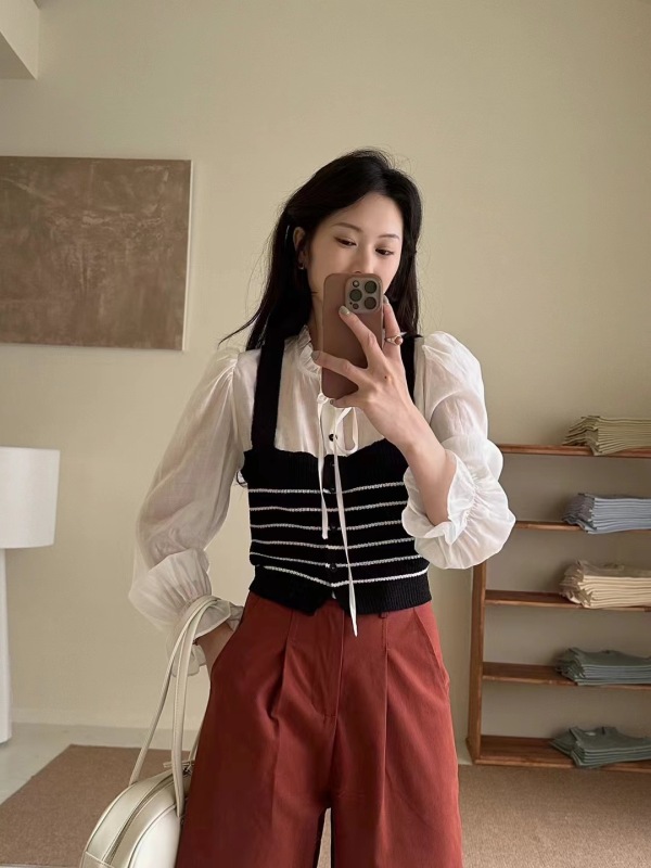 設計感條紋吊帶蕾絲拼接假兩件襯衫女2024春季甜美風修身顯瘦上衣