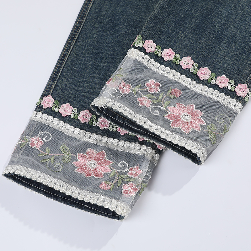 實拍2024春夏新中式國風刺繡花邊修身顯瘦煙管褲